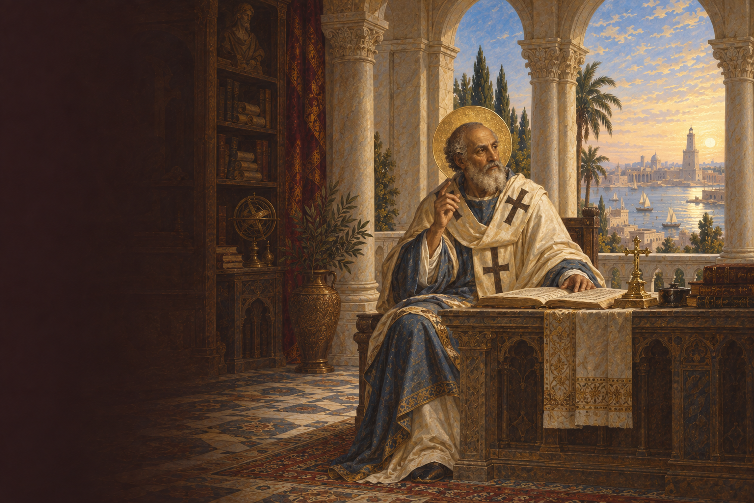 An AI illustration of Saint Athanasius in ivory and blue, contemplating an open book beside a cross, with Alexandria’s harbor beyond a stone arch.