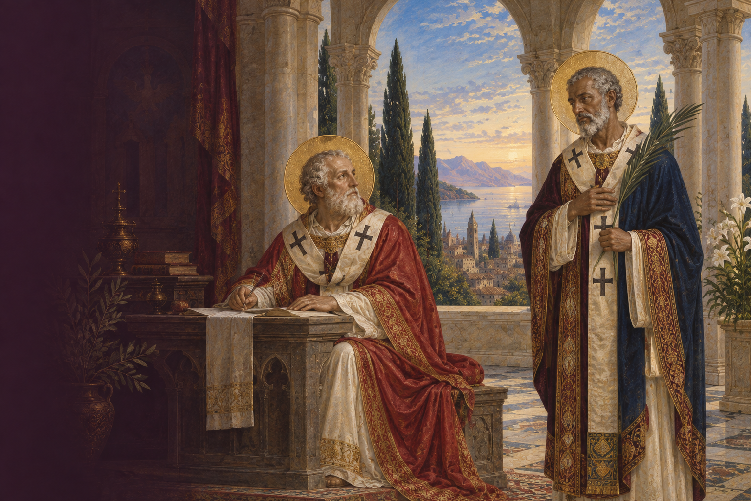 An AI illustration of Saints Cornelius and Cyprian, with gold halos, a book and a martyr’s palm, beneath arches opening onto the Mediterranean.