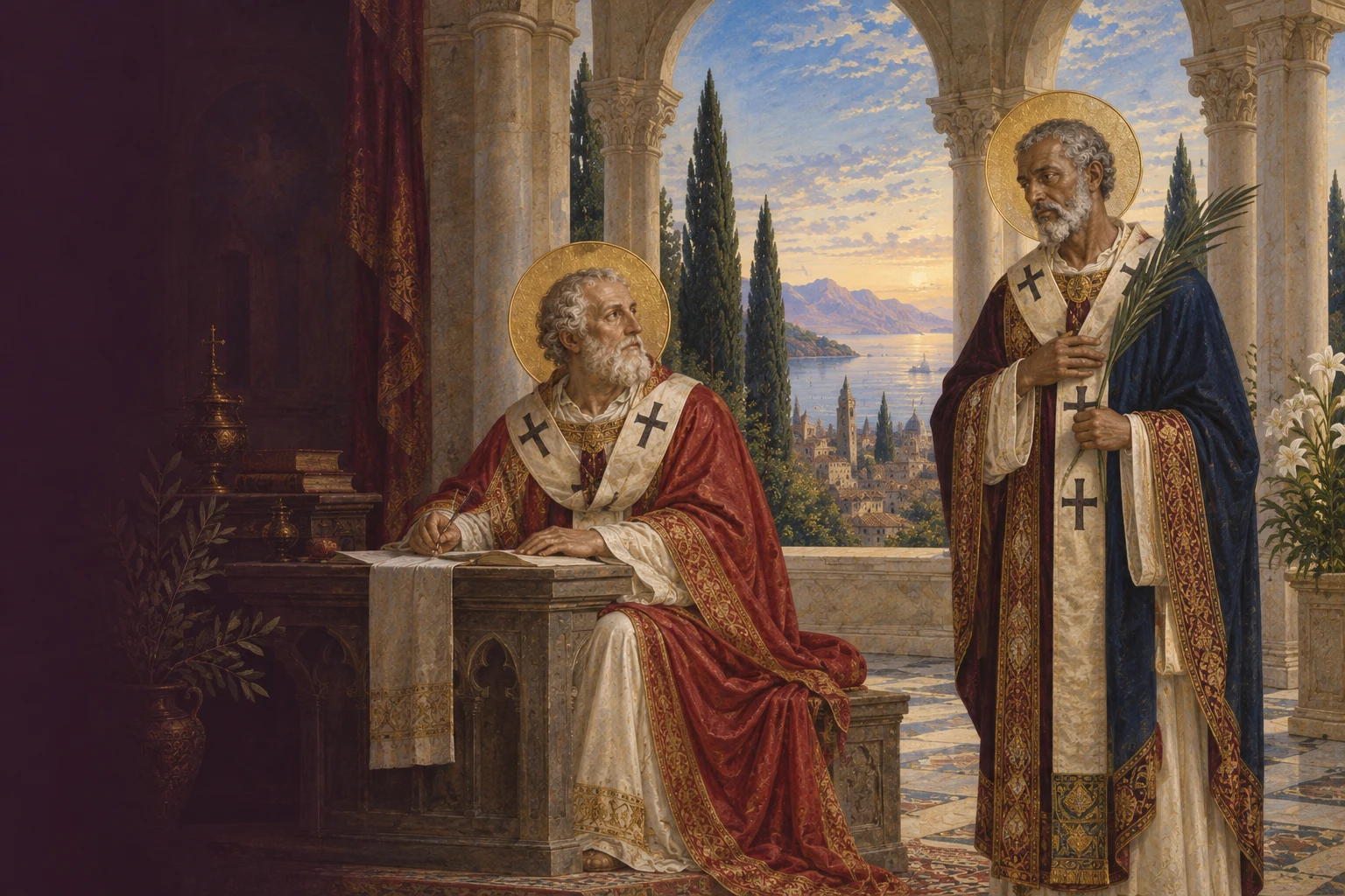 An imagined scene of Saints Cornelius and Cyprian among books and sunlit basilica arches